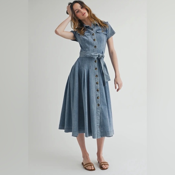 A293. Denim Button-Down Shirt Dress with Belted Waist - Picture 8 of 12